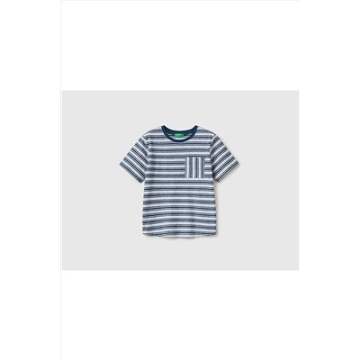 United Colors of BenettonErkek Çocuk Mix Keten Karışımlı Çizgili Cepli T-shirt Lacivert Mix
