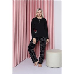AHENGİM Kadın Pijama Takımı Interlok Puantiye Desenli Pamuklu Mevsimlik W20452252 1-2-10001193