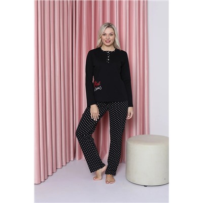 AHENGİM Kadın Pijama Takımı Interlok Puantiye Desenli Pamuklu Mevsimlik W20452252 1-2-10001193