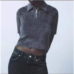 Женский мягкий укороченный пуловер из пушистой пряжи с короткими рукавами и молнией ZAR*A ОРИГИНАЛ!