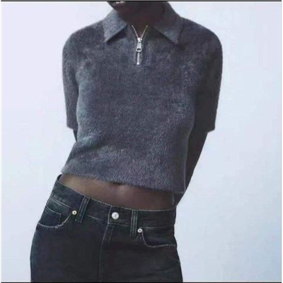 Женский мягкий укороченный пуловер из пушистой пряжи с короткими рукавами и молнией ZAR*A ОРИГИНАЛ!