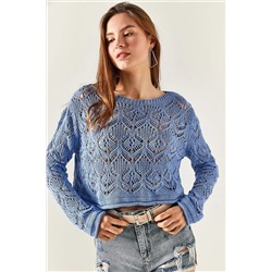 Olalook Kadın Bebe Mavi Sırtı Kesik Detaylı Ajurlu Crop Triko Bluz BLZ-19002325