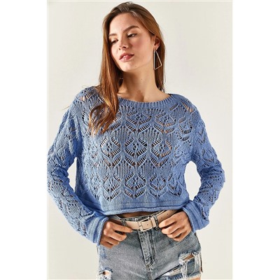 Olalook Kadın Bebe Mavi Sırtı Kesik Detaylı Ajurlu Crop Triko Bluz BLZ-19002325