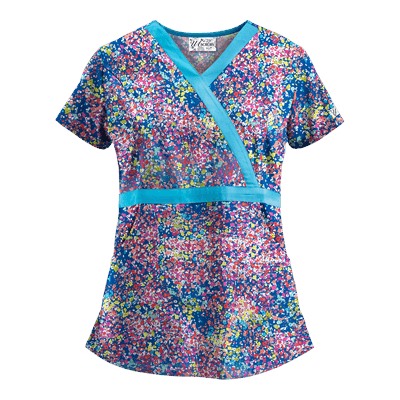 UA Spring Ditzy Turquoise Mock Wrap Scrub Top