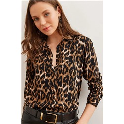 Olalook, Kadın Camel Leopar Dökümlü Dokuma Viskon GömlekGML-19001238