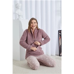 Siyah İnci vizon Alt Polar Üst Wellsoft Fermuarlı Cepli Pijama Takım 23222004