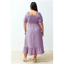 Lila Kare Yaka Eteği Fırfırlı Balon Kol Maxi Dokuma Elbise TBBSS24AH00066