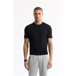 Avva, Erkek Siyah Bisiklet Yaka Önü Jakar Detaylı Rayon Triko T-shirt A51Y5004