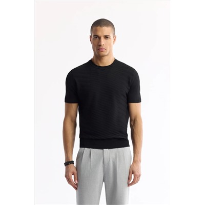 Avva, Erkek Siyah Bisiklet Yaka Önü Jakar Detaylı Rayon Triko T-shirt A51Y5004