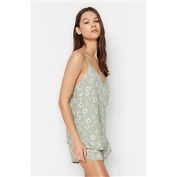 TRENDYOLMİLLA Açık Yeşil Çiçek Desenli Atlet-Şort Dokuma Pijama Takımı THMSS23PT00006