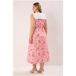 Pembe  Çiçekli Poplin %100 Pamuk Bebe Yaka Midi Dokuma Büyük Beden Elbise TBBSS25AH00158