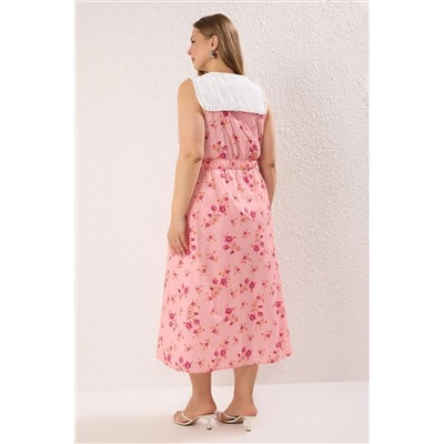 Pembe  Çiçekli Poplin %100 Pamuk Bebe Yaka Midi Dokuma Büyük Beden Elbise TBBSS25AH00158