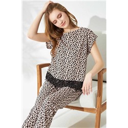 Siyah İnci Leopar Desenli Dantel Detaylı Örme Pijama Takımı 7645