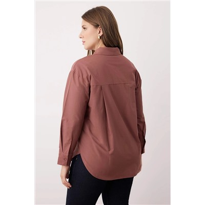Kahverengi Loose Fit Pamuklu Uzun Kol Büyük Beden Dokuma Gömlek TBBSS22GO0323