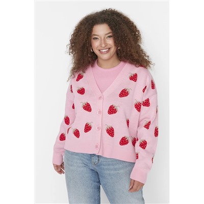 Pembe Çilek Desenli V Yaka Crop Triko Hırka TBBAW23AV00028