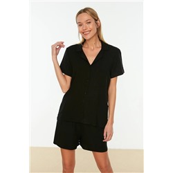 TRENDYOLMİLLA Siyah Viskon Gömlek-Şort Dokuma Pijama Takımı THMSS19PT0004