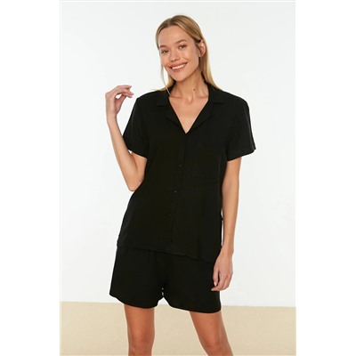 TRENDYOLMİLLA Siyah Viskon Gömlek-Şort Dokuma Pijama Takımı THMSS19PT0004