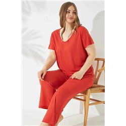 Siyah İnci Turuncu Soft Touch Ince Curve Büyük Beden Battal Boy Örme Pijama Takım 7661