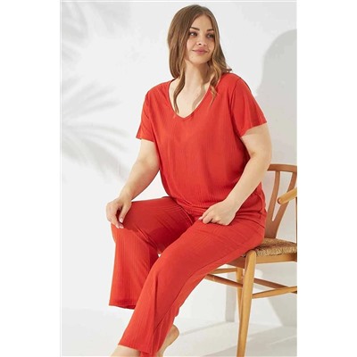 Siyah İnci Turuncu Soft Touch Ince Curve Büyük Beden Battal Boy Örme Pijama Takım 7661