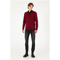 Erkek Slim Fit V Yaka Bordo Basic Kazak