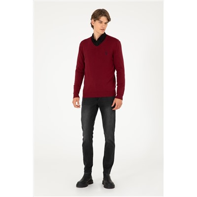 Erkek Slim Fit V Yaka Bordo Basic Kazak