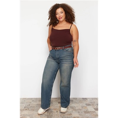 Mavi Yüksek Bel Soluk Efekt Vintage Yıkama Geniş Paça Büyük Beden Wide Leg Jeans TBBSS24CJ00042