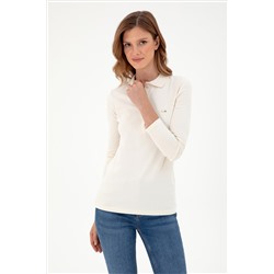 Kadın Krem Basic Polo Yaka Sweatshirt