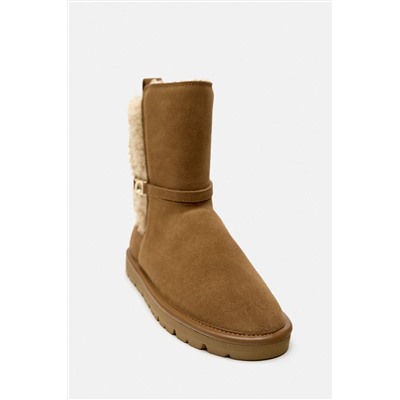 FAUX SHEARLING AND LEATHER FLAT ANKLE BOOTS