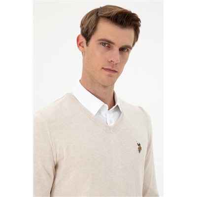 Erkek Slim Fit V Yaka Krem Melanj Basic Kazak