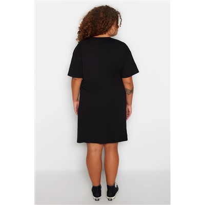 Siyah Bisiklet Yaka slogan Baskılı %100 Pamuk Örme Büyük Beden T-shirt Elbise TBBSS23AH00162