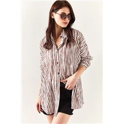 Olalook Kadın Kahverengi Asimetrik Çizgili Oversize Gömlek GML-19001123