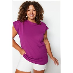 Mor Bisiklet Yaka Kol Detaylı %100 Pamuk Örme T-Shirt TBBSS22BF0023