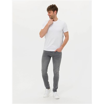 Beyaz Slim Fit Yandan Baskılı Bisiklet Yaka Tişört