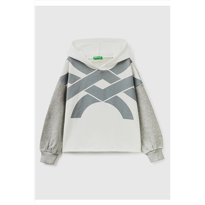 United Colors of BenettonKız Çocuk Krem Logo Baskılı Renk Bloklu Sweatshirt Krem