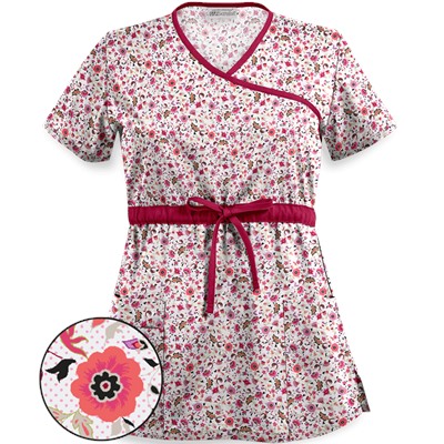 UA Ditzy Bouquet White Mock Wrap Scrub Top