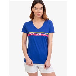 V-NECK STRIPE FOIL GRAPHIC T-SHIRT