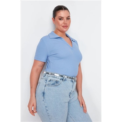 Mavi Polo Yaka Vücuda Oturan Fitilli Örme Bluz TBBSS22BZ0750