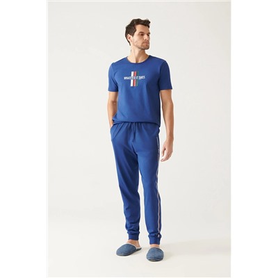 Avva Erkek Indigo Bisiklet Yaka %100 Pamuk Özel Kutulu Kısa Kollu Pijama Takımı A31y3903 A31Y3903