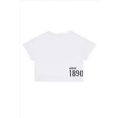 Kız Çocuk Beyaz Bisiklet Yaka Crop Tişört