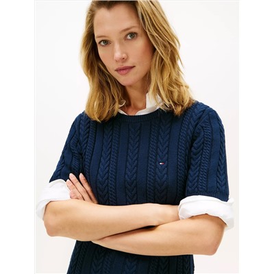 Short-Sleeve Cable Knit Sweater Dress