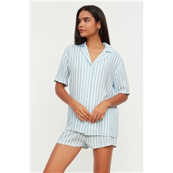 TRENDYOLMİLLA Mavi Çizgili Viskon Gömlek-Şort Dokuma Pijama Takımı THMSS21PT0179