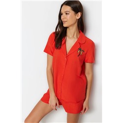 TRENDYOLMİLLA Turuncu Palmiye Nakışlı Gömlek-Şort Dokuma Pijama Takımı THMSS23PT00079