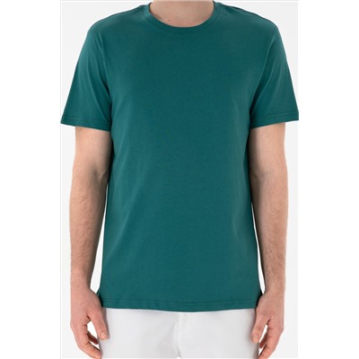 Erkek Regular Fit Bisiklet Yaka Koyu Yeşil Basic Tişört