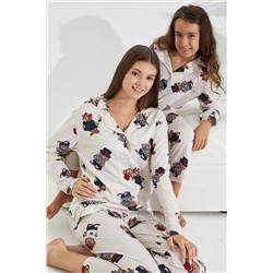 Siyah İnci krem şapkalı ayıcık desenli Düğmeli Pijama Takımı 7691