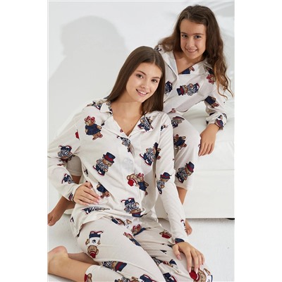 Siyah İnci krem şapkalı ayıcık desenli Düğmeli Pijama Takımı 7691