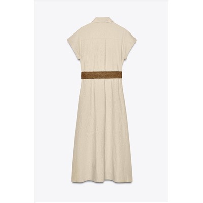 LINEN BLEND MIDI DRESS WITH BELT