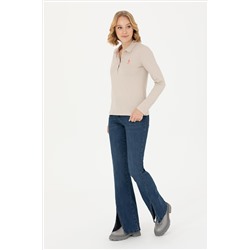 Kadın Bej Polo Yaka Basic Sweatshirt