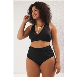 Siyah Belde Büzgü Detaylı Yüksek Bel Büyük Beden Bikini Altı TBBSS25CR00005
