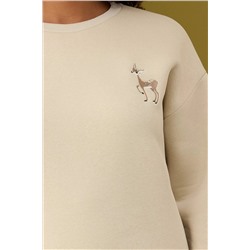 Taş Animal Nakışlı Regular/Normal Kalıp Kalın İçi Polarlı Örme Büyük Beden Sweatshirt TBBAW26AO00006