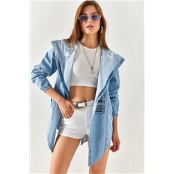 Olalook Kadın Mavi Pelerin Yaka Cepli Kuşaklı Denim Ceket CKT-19000348